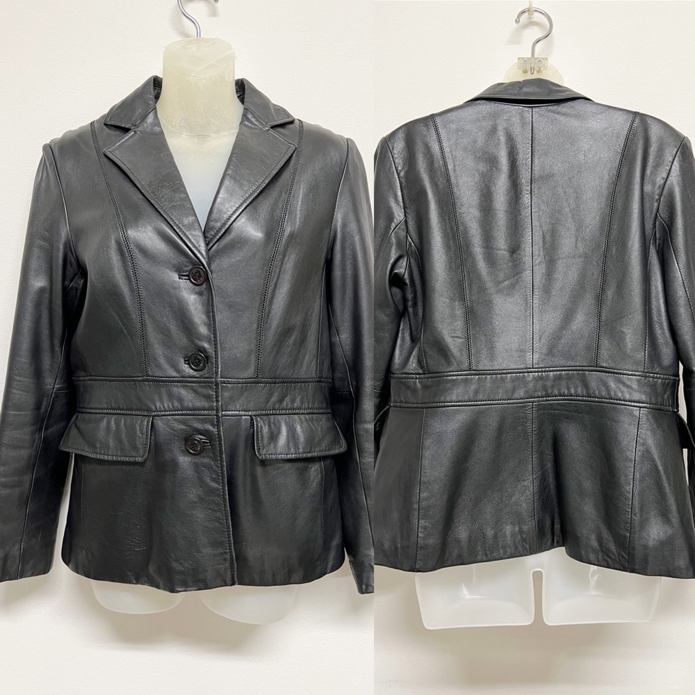 Reaction Kenneth Cole Womens Black Leather Vintage 90s Y2K Blazer Jacket Size S